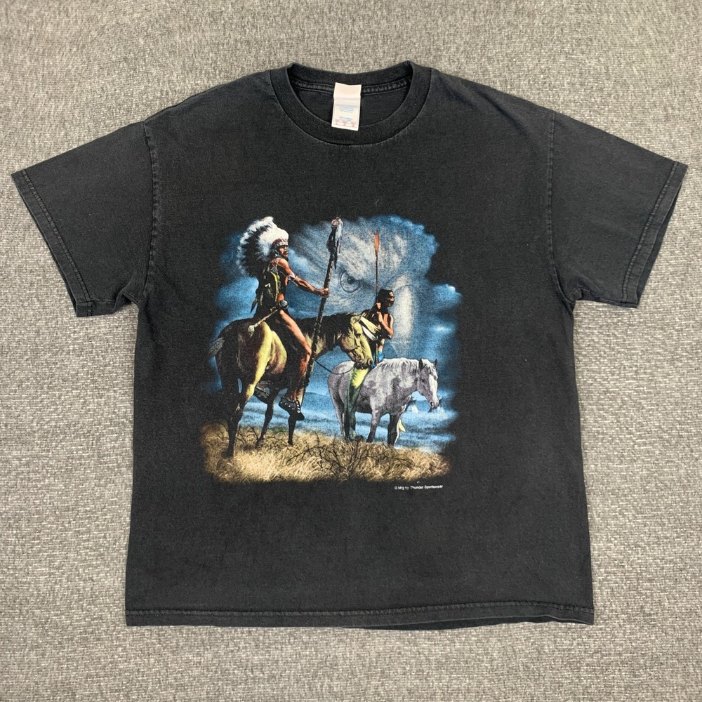 Vintage Thunder Sportswear Native American T-Shirt Mens Large Black Spiritual
